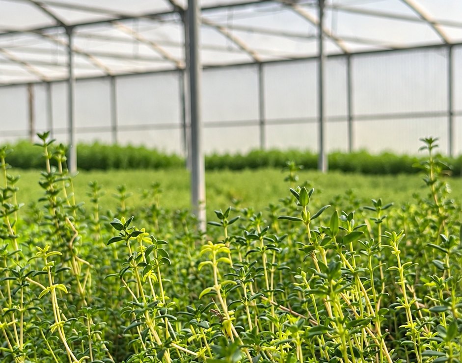 Organic thyme growing in dense beds inside a Techno Farm greenhouse